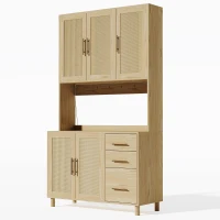 Móvel de cozinha com acabamento em rattan trançado e puxadores metálicos dourados, luzes LED decorativas, 100x40x183 cm, Cor natural(m-8)