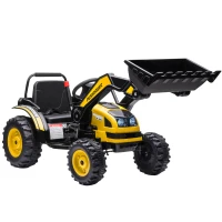 HOMCOM Kinder Elektrobagger Sitzbagger für Kinder Aufsitzbagger Geländewagen traktor elektrisch zum Fahren mit Musik Schaufel Armen 3–5 Jahre PP-Kunststoff Stahl Gelb 132 x 62 x 65 cm(m-12)