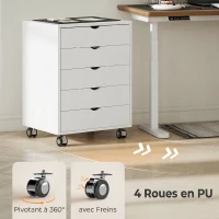 HOMCOM Caisson bureau mobile avec 5 tiroirs, meuble rangement bureau à roulettes pour documents A3/Lettre/A4, blanc(m-6)