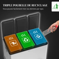 HOMCOM Poubelle de cuisine, poubelle tri sélectif, 3 compartiments de 15L, seaux intérieurs amovibles, 61,9x36,6x43,2cm, argent(m-4)