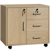 HOMCOM Rollcontainer Büro Aufbewahrungsmöbel abschließbar mit 3 Schubladen und verstellbarem Einlegeboden, Rollen, 40 x 60 x 56 cm, hellbraun(m-1)