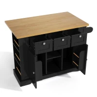 Ilha de cozinha móvel com tampo dobrável, três gavetas e dois compartimentos de armário, 132x40/70x87 cm, Preto(m-7)
