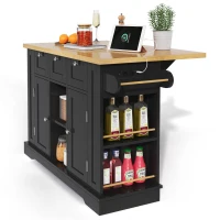 Ilha de cozinha móvel com tampo dobrável, três gavetas e dois compartimentos de armário, 132x40/70x87 cm, Preto(m-10)
