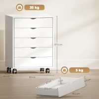 HOMCOM Caisson bureau mobile avec 5 tiroirs, meuble rangement bureau à roulettes pour documents A3/Lettre/A4, blanc(m-3)