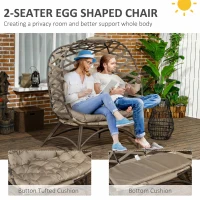 Outsunny 2 Seater Egg Chair Outdoor, Folding Weave Garden Furniture Chair with Cushion, Cup Pockets - Khaki(m-5)