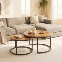 HOMCOM Set de 2 Mesas de Centro Redondas Mesas Nido Industriales con Estructura Metálica para Salón o Dormitorio Marrón(m-10)