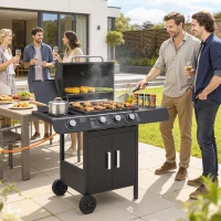 Outsunny Barbacoa de Gas BBQ con 3+1 Quemadores 11,6 KW 2 Mesas Laterales Armario de 2 Puertas Termómetro y 2 Ruedas Acero Inoxidable 110x50x100 cm Negro(m-10)