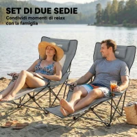 Outsunny Set da 2 Sedie da Campeggio Pieghevoli Reclinabili con 4 Posizioni, Poggiapiedi Rimovibile e Portabicchiere, 165x80x90 cm, Grigio(m-4)