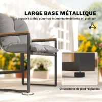Outsunny Salon de jardin 3 pièces 2 places avec 2 fauteuils 1 table basse, plateau en verre trempé et coussins, gris(m-6)