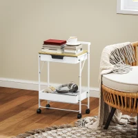 HOMCOM Carrito Auxiliar con Ruedas de 2 Niveles con Cajón Encimera y Cesta de Rejilla para Dormitorio Baño Cocina Blanco(m-10)