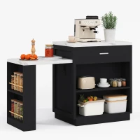 Ilha de cozinha com mesa de jantar extensível, armário de arrumação, 2 gavetas, 2 prateleiras laterais abertas, 211x55x89,5 cm, Preto(m-10)