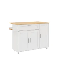 Mesa de cozinha móvel com tampo de trabalho dobrável, gaveta, prateleira para especiarias, suporte para toalhas, 132,5x44/70x90 cm, Branco+Cor natural(m-9)