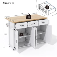 Ilha de cozinha com bancada rebatível, 4 portas, 3 gavetas, suportes duplos para toalhas, design estilo celeiro, 140x43/70x90,5 cm, Branco+Cor natural(m-3)