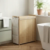 HOMCOM Cesto de Ropa Sucia de Bambú con Tapa 120L con 2 Bolsas con Cordón Extraíbles y Lavables Bolsillos Laterales Natural(m-10)