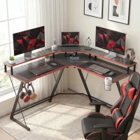 HOMCOM Escritorio Esquinero con Enchufes en Forma de L 128x128 cm con Soporte para Monitor Gancho y Portavasos Negro(m-10)
