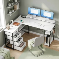 HOMCOM Escritorio en L Reversible con 4 Cajones de Tela 2 Enchufes y 2 Puertos USB Soporte para Monitor 155x112 cm Blanco(m-10)