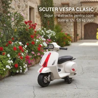 AIYAPLAY Motocicletă Electrică pentru Copii cu Licență Vespa, Baterie Reîncărcabilă 6V, Roți Ajutătoare și Lumini, 2-4 Ani, Albă(m-9)