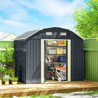 Outsunny Caseta de Exterior Metálica 2,7 m² 238x132x198,5 cm con Base Estantes Ajustables 2 Puertas Corredizas y 2 Ventanas Gris(m-10)