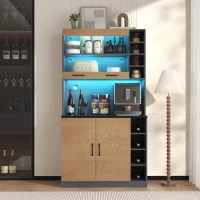 Highboard de cozinha, compartimento de vidro reforçado e iluminação ambiente LED, prateleiras laterais reguláveis em altura100x47x187 cm, Cor natural(m-4)