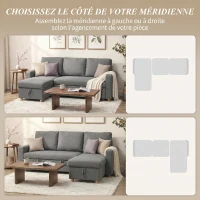 HOMCOM Canapé d'angle convertible canapé lit canapé 3 places modulable avec méridienne réversible, coffre de rangement intégré et 3 coussins de dossier, tissu aspect lin, gris(m-5)
