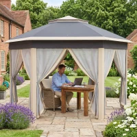 Outsunny Paviljoen 4x4 tuinpaviljoen zeshoekig opvouwbaar met draagtas dubbel dak beige+ kaki(m-13)