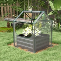 Outsunny Carré potager de jardin avec mini serre, jardinière surélevée en acier galvanisé, 70 x 70 x 90 cm, gris foncé(m-10)