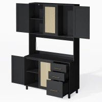 Móvel de cozinha com acabamento em rattan trançado e puxadores metálicos dourados, luzes LED decorativas, 100x40x183 cm, Preto(m-7)