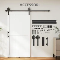 HOMCOM Porta Scorrevole in Stile Country con Binario e Maniglia in Legno e Acciaio, 106.6x213.4 cm, Bianco e Nero(m-6)