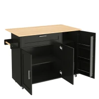 Mesa de cozinha móvel com tampo de trabalho dobrável, gaveta, prateleira para especiarias, suporte para toalhas, 132,5x44/70x90 cm, Preto+Cor natural(m-8)