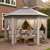 Outsunny Paviljoen 4x4 tuinpaviljoen zeshoekig opvouwbaar met draagtas dubbel dak beige+ kaki(m-2)