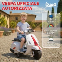 AIYAPLAY Motocicletă Electrică pentru Copii cu Licență Vespa, Baterie Reîncărcabilă 6V, Roți Ajutătoare și Lumini, 2-4 Ani, Albă(m-4)