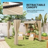 Outsunny 3 x 3(m) Retractable Pergola, Garden Gazebo Shelter with Curtains, for Grill, Patio, Deck, Beige(m-4)
