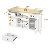 Ilha de cozinha com tampo extensível dobrável, 5 gavetas e 2 prateleiras extraíveis, 150x45/65x75,5 cm, Branco(m-3)