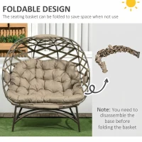 Outsunny 2 Seater Egg Chair Outdoor, Folding Weave Garden Furniture Chair with Cushion, Cup Pockets - Khaki(m-6)