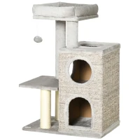 PawHut kattenboom met kattengrot, kattenbed en speelbal, 60 cm x 40 cm x 91 cm, lichtgrijs+naturel(m-10)