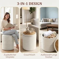 HOMCOM Pouf de Rangement en Chenille avec Couvercle, Tabouret Rond pour Salon et Chambre, Beige(m-4)