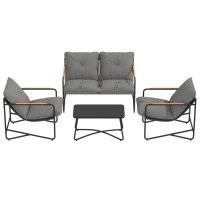 Outsunny Salon de Jardin 4 Pièces Ensemble avec Canapé 2 Places, 2 Fauteuils et Table Basse Verre Trempé Coussins 13cm Gris Clair(m-12)