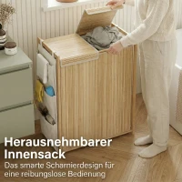 HOMCOM Bambus-Wäschekorb mit abnehmbarem Kordelzug-Sack und seitlichen Aufbewahrungstaschen, 120L, Natur(m-5)