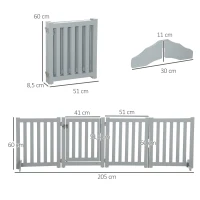 PawHut Barrera de Seguridad para Perro Plegable de Doble Cara en Madera, 4 Paneles con Puerta, Pies de Soporte, 205 x 60 cm, Gris(m-3)