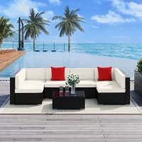 Outsunny Ensemble salon de jardin 7 pièces modulables, coussins déhoussables inclus, table basse avec plateau verre trempé, en résine tressée, brun foncé(m-10)