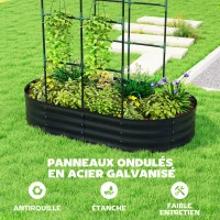 Outsunny Jardinière avec treillis arqué, bac à fleurs en métal avec fond ouvert, gants inclus, 160x90x180cm, gris foncé(m-6)