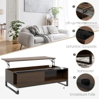 HOMCOM bijzettafel met liftfunctie, verborgen opbergvak, walsnushoutlook, stalen frame, 102 x 58 x 35,5 cm(m-6)