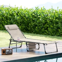 Outsunny Bain de soleil pliante dossier réglable sur 5 niveaux, plateau, appuie-tête, poche latérale 60x190x31cm, crème(m-2)