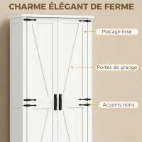 HOMCOM Buffet haut cuisine, armoire cuisine, 2 portes avec roulette, 6 compartiments, 14 porte-racks, étagères réglables, blanc(m-7)