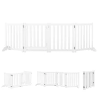 PawHut Barrera de Seguridad para Perros Plegable de Madera con 4 Paneles Puerta y Pies de Soporte 205x60 cm Blanco(m-1)