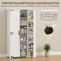 HOMCOM Buffet haut cuisine, armoire cuisine, 2 portes avec roulette, 6 compartiments, 14 porte-racks, étagères réglables, blanc(m-5)