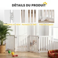 PawHut Barrière de Sécurité Chien Pliable Double Face en Bois, 4 Panneaux avec Porte, Pieds de Support, 205 x 60 cm, Blanc(m-7)