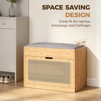 HOMCOM Banc chaussures entrée, banc de rangement en bambou, assise rembourrée, porte en rotin et étagère réglable, bois naturel(m-8)