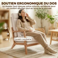 HOMCOM Fauteuil salon, fauteuil d'appoint rembourré en lin avec large assise, support lombaire, haut dossier, 64x86x93cm, crème(m-6)