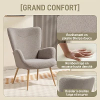 HOMCOM Fauteuil salon, fauteuil d'appoint rembourré en tissu bouclette avec haut dossier et accoudoirs, 71x74x97,5cm, gris(m-4)